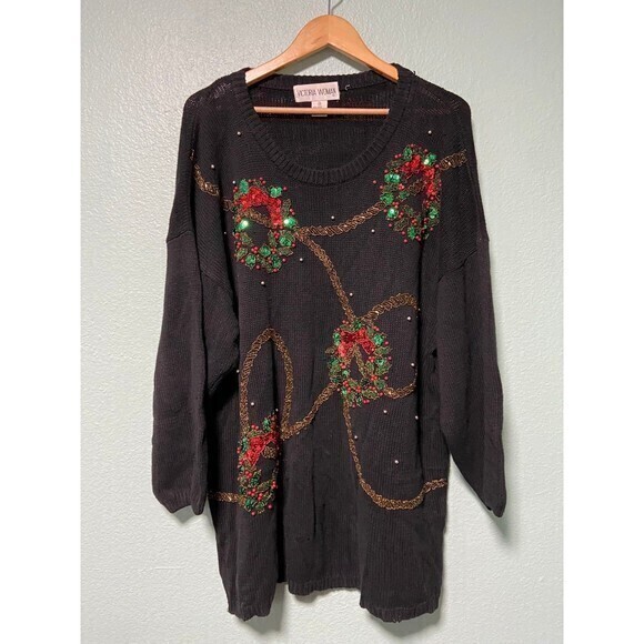 Vintage‎ Victoria Woman Red and Green Christmas Wreaths Sweater 3x - Picture 1 of 10